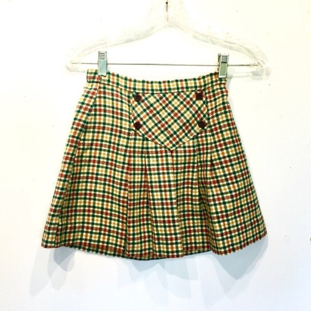 Plaid Preppy Mini Skirt Schoolgirl Vintage 70s Orange & Green Girl's 16 Women XS